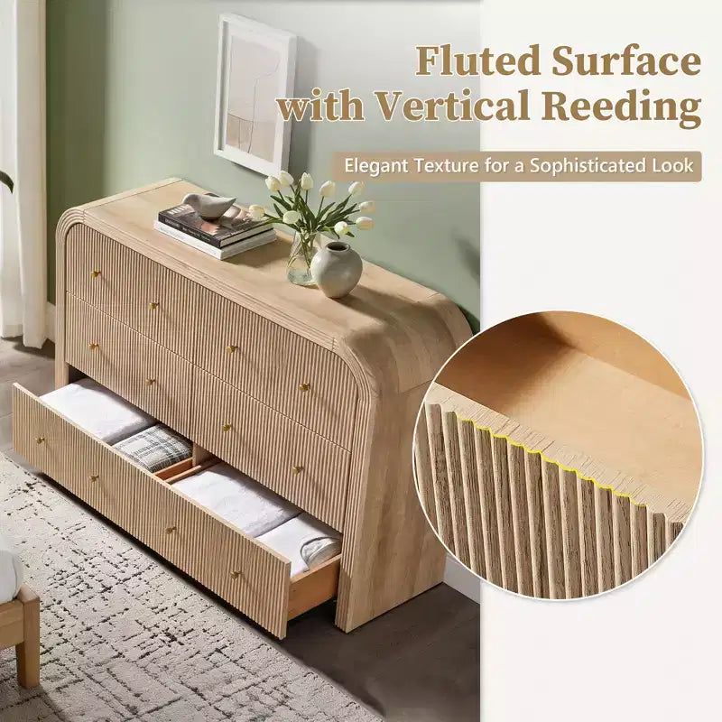 Commode moderne à 5 et 6 tiroirs cannelés, organisateur de rangement en bois à profil incurvé pour chambre à coucher, salon, couloir