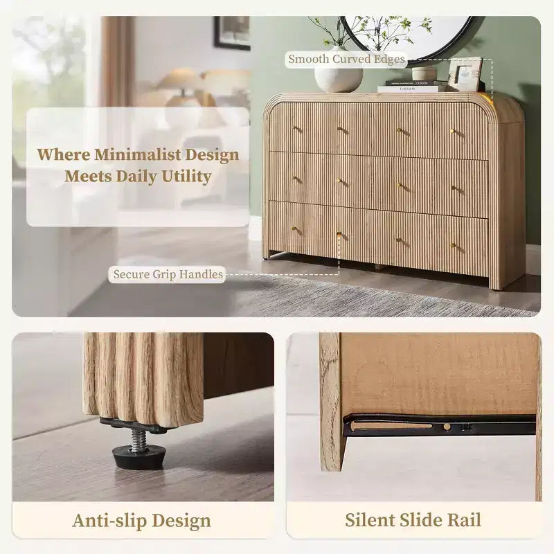 Commode moderne à 5 et 6 tiroirs cannelés, organisateur de rangement en bois à profil incurvé pour chambre à coucher, salon, couloir