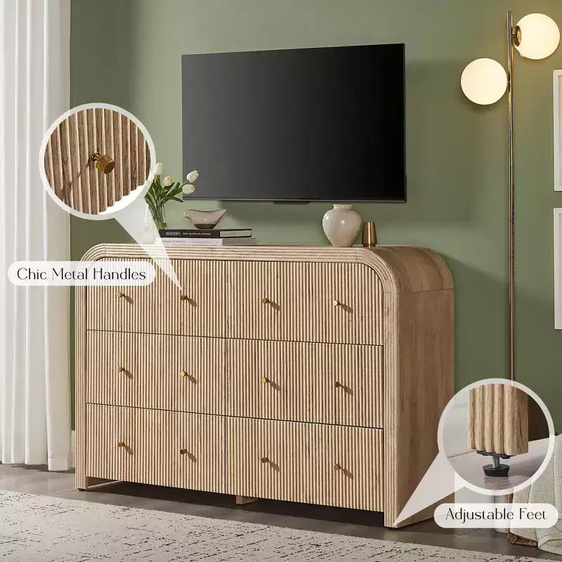 Commode moderne à 5 et 6 tiroirs cannelés, organisateur de rangement en bois à profil incurvé pour chambre à coucher, salon, couloir