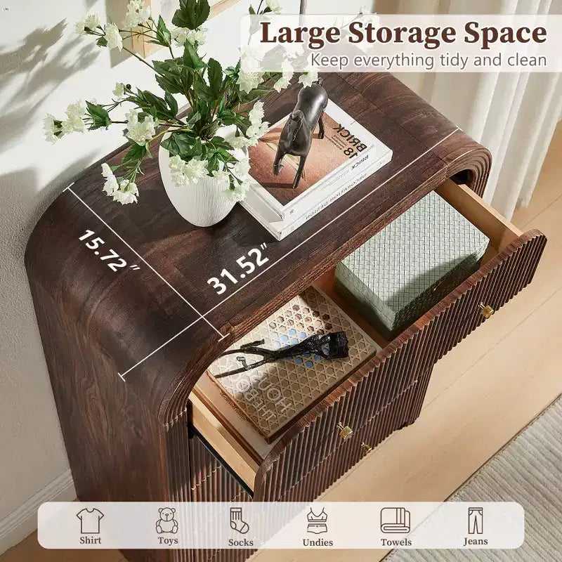 Commode moderne à 5 et 6 tiroirs cannelés, organisateur de rangement en bois à profil incurvé pour chambre à coucher, salon, couloir