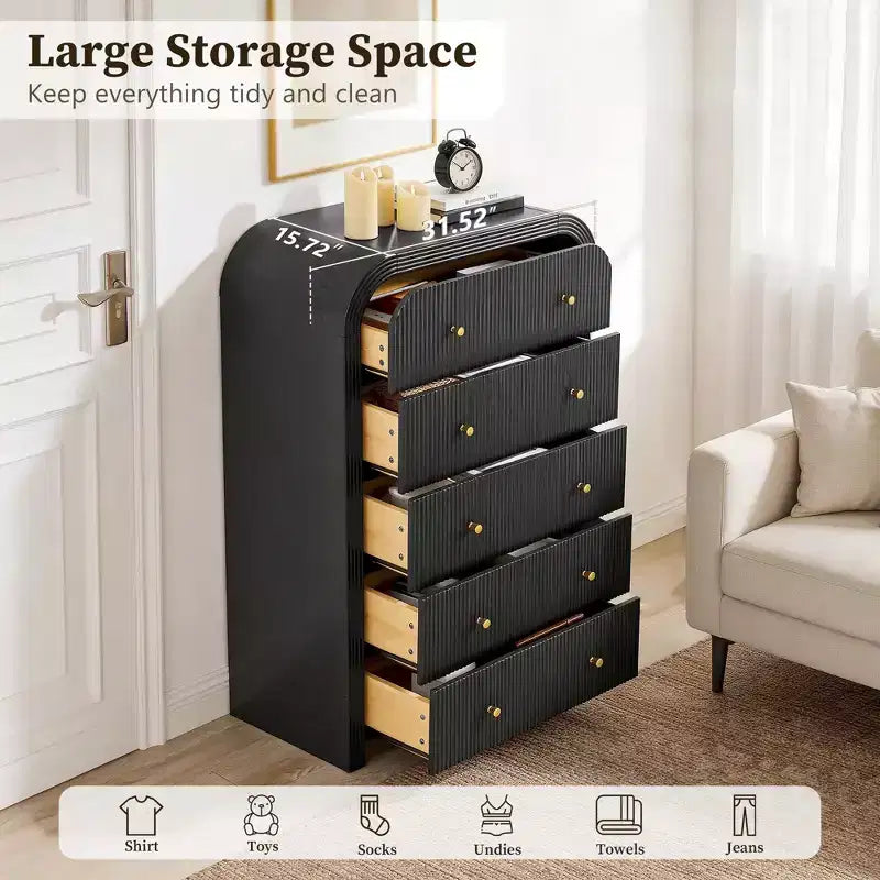 Commode moderne à 5 et 6 tiroirs cannelés, organisateur de rangement en bois à profil incurvé pour chambre à coucher, salon, couloir