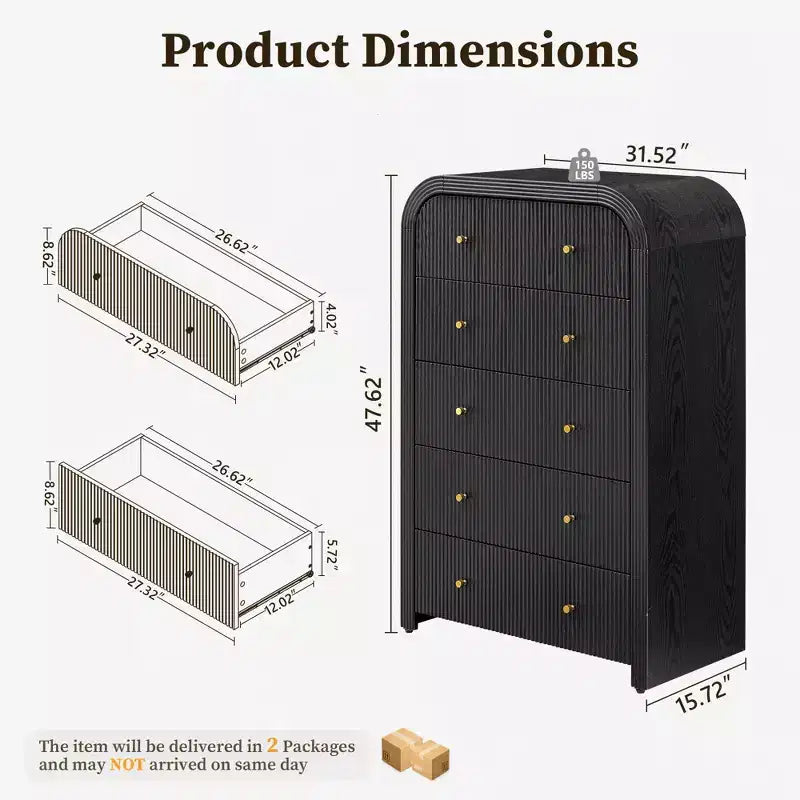 Commode moderne à 5 et 6 tiroirs cannelés, organisateur de rangement en bois à profil incurvé pour chambre à coucher, salon, couloir