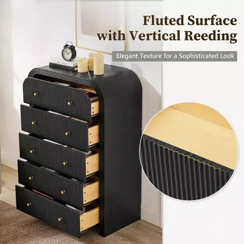 Commode moderne à 5 et 6 tiroirs cannelés, organisateur de rangement en bois à profil incurvé pour chambre à coucher, salon, couloir