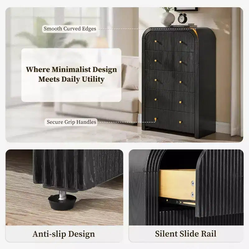 Commode moderne à 5 et 6 tiroirs cannelés, organisateur de rangement en bois à profil incurvé pour chambre à coucher, salon, couloir