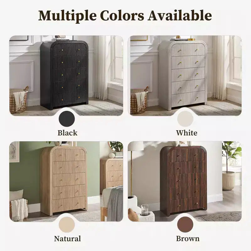 Commode moderne à 5 et 6 tiroirs cannelés, organisateur de rangement en bois à profil incurvé pour chambre à coucher, salon, couloir