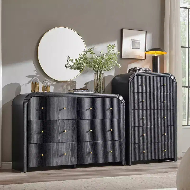 Commode moderne à 5 et 6 tiroirs cannelés, organisateur de rangement en bois à profil incurvé pour chambre à coucher, salon, couloir