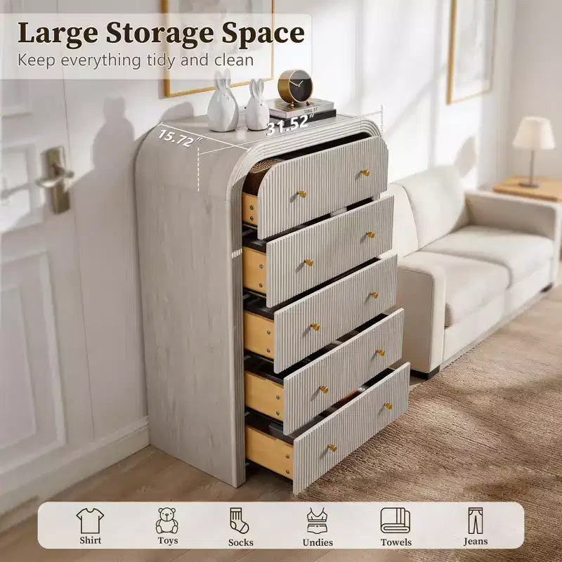 Commode moderne à 5 et 6 tiroirs cannelés, organisateur de rangement en bois à profil incurvé pour chambre à coucher, salon, couloir