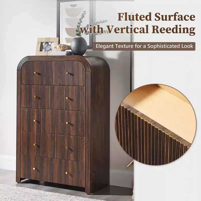 Commode moderne à 5 et 6 tiroirs cannelés, organisateur de rangement en bois à profil incurvé pour chambre à coucher, salon, couloir