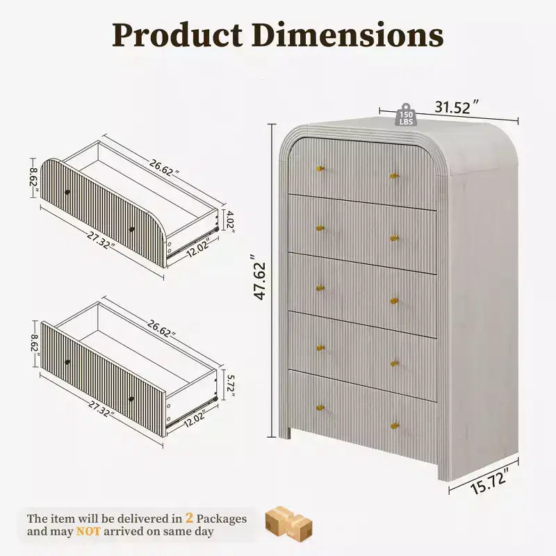 Commode moderne à 5 et 6 tiroirs cannelés, organisateur de rangement en bois à profil incurvé pour chambre à coucher, salon, couloir