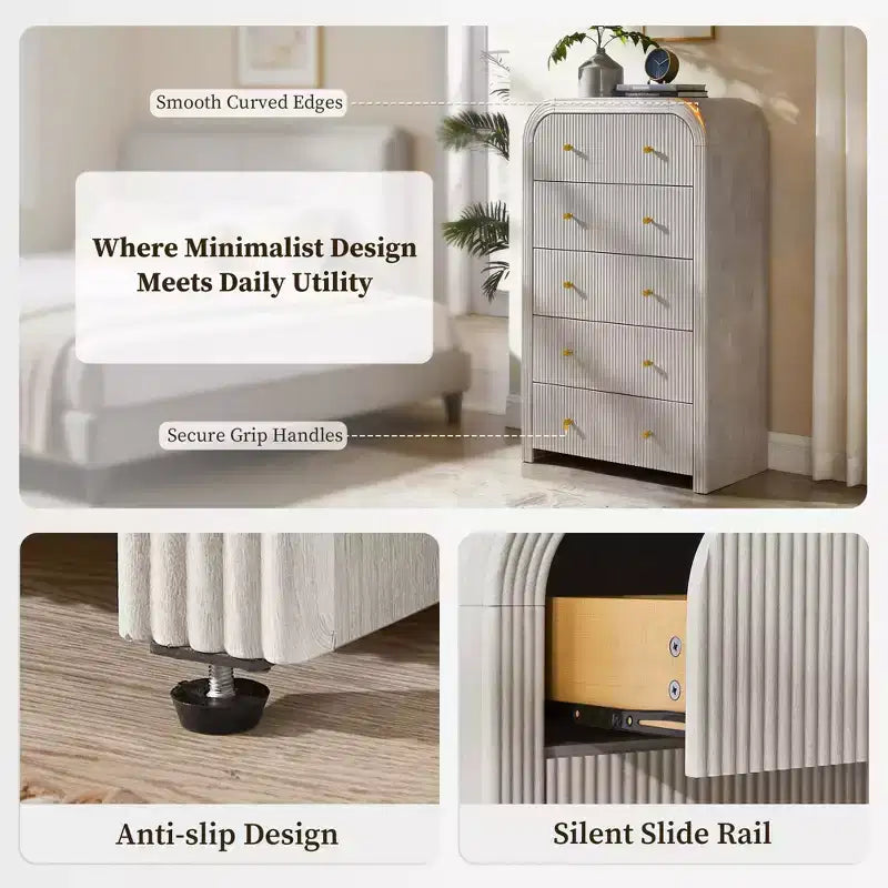 Commode moderne à 5 et 6 tiroirs cannelés, organisateur de rangement en bois à profil incurvé pour chambre à coucher, salon, couloir