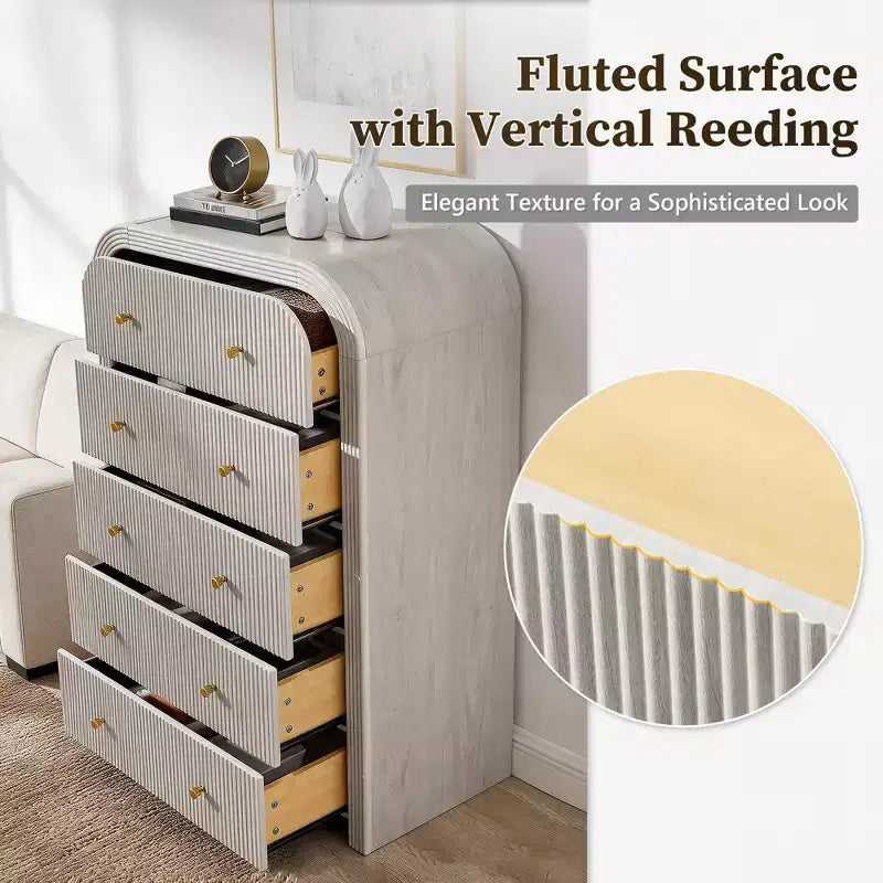 Commode moderne à 5 et 6 tiroirs cannelés, organisateur de rangement en bois à profil incurvé pour chambre à coucher, salon, couloir