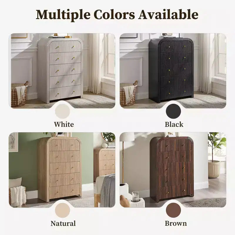 Commode moderne à 5 et 6 tiroirs cannelés, organisateur de rangement en bois à profil incurvé pour chambre à coucher, salon, couloir