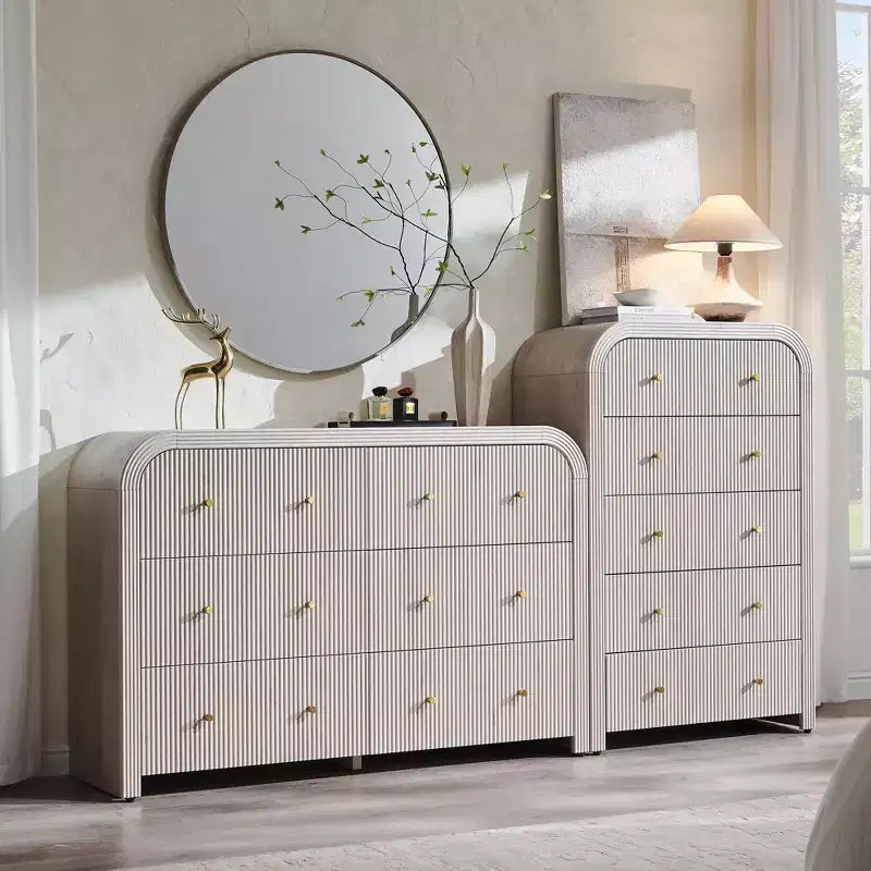 Commode moderne à 5 et 6 tiroirs cannelés, organisateur de rangement en bois à profil incurvé pour chambre à coucher, salon, couloir