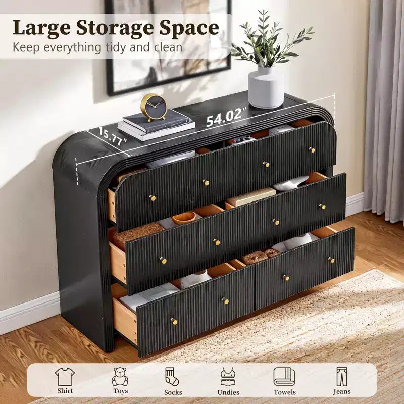 Commode moderne à 5 et 6 tiroirs cannelés, organisateur de rangement en bois à profil incurvé pour chambre à coucher, salon, couloir