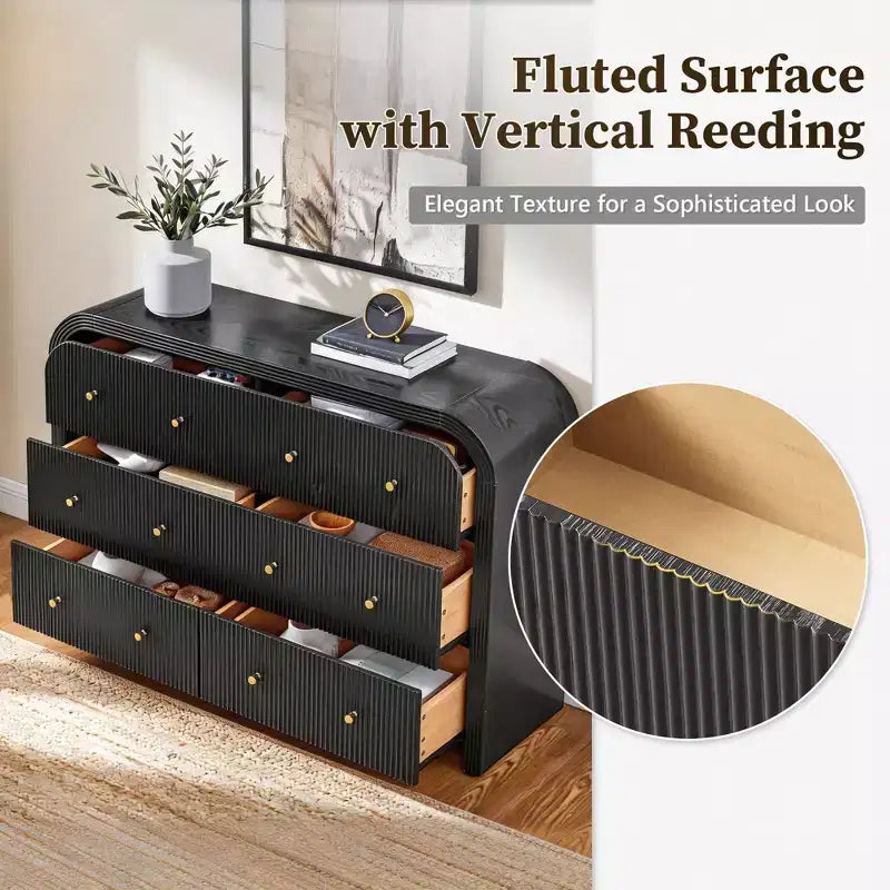 Commode moderne à 5 et 6 tiroirs cannelés, organisateur de rangement en bois à profil incurvé pour chambre à coucher, salon, couloir