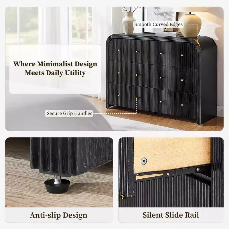 Commode moderne à 5 et 6 tiroirs cannelés, organisateur de rangement en bois à profil incurvé pour chambre à coucher, salon, couloir