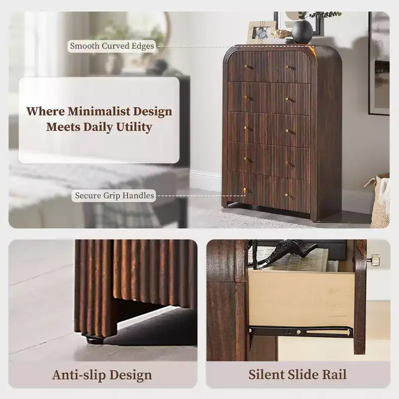 Commode moderne à 5 et 6 tiroirs cannelés, organisateur de rangement en bois à profil incurvé pour chambre à coucher, salon, couloir