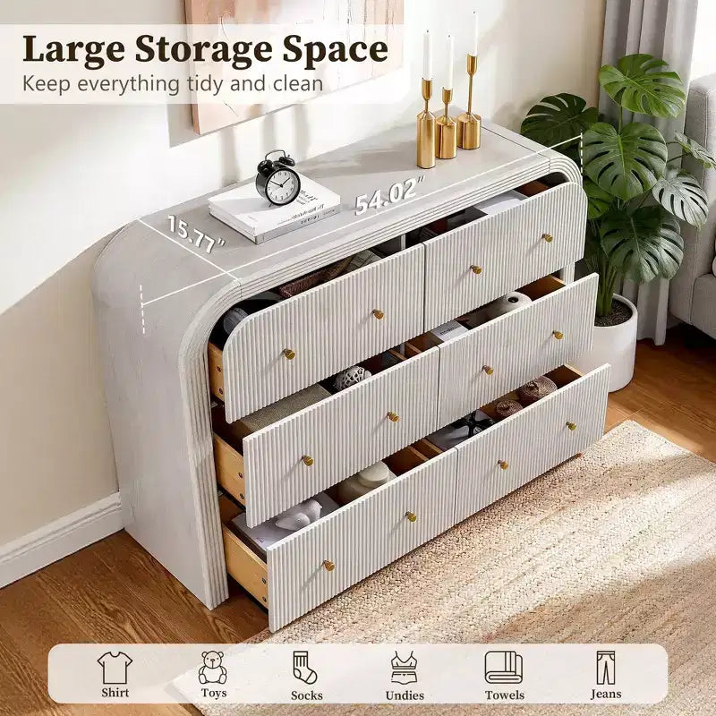 Commode moderne à 5 et 6 tiroirs cannelés, organisateur de rangement en bois à profil incurvé pour chambre à coucher, salon, couloir