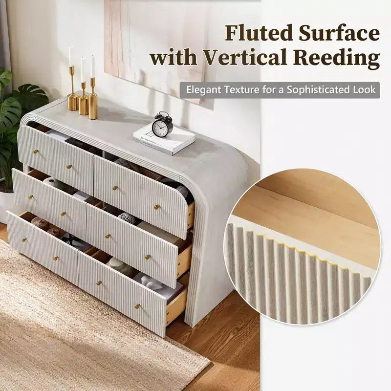 Commode moderne à 5 et 6 tiroirs cannelés, organisateur de rangement en bois à profil incurvé pour chambre à coucher, salon, couloir