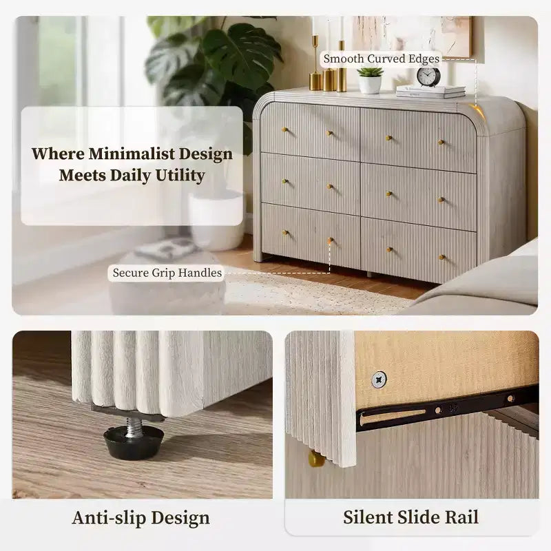 Commode moderne à 5 et 6 tiroirs cannelés, organisateur de rangement en bois à profil incurvé pour chambre à coucher, salon, couloir