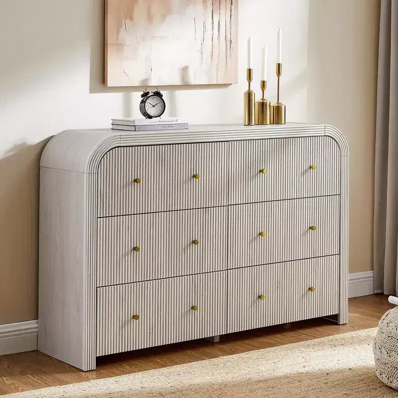 Commode moderne à 5 et 6 tiroirs cannelés, organisateur de rangement en bois à profil incurvé pour chambre à coucher, salon, couloir