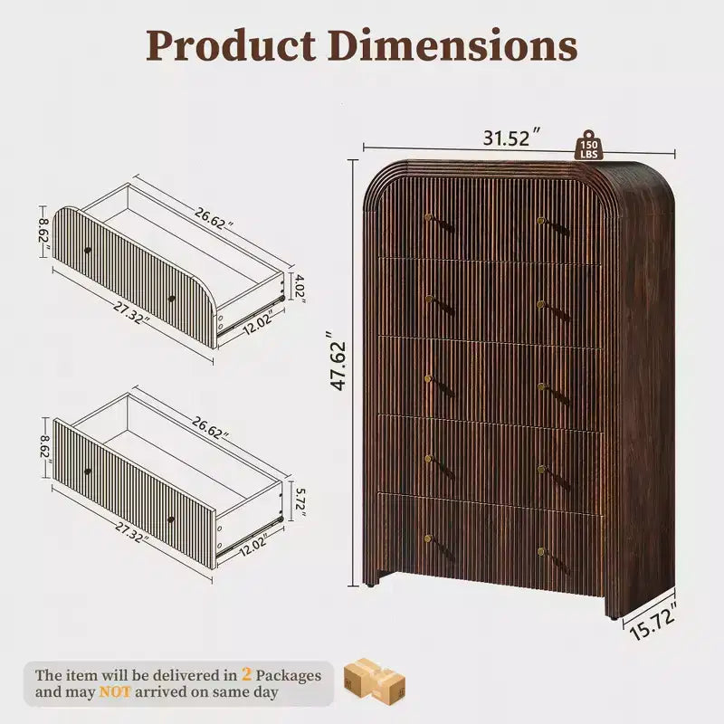 Commode moderne à 5 et 6 tiroirs cannelés, organisateur de rangement en bois à profil incurvé pour chambre à coucher, salon, couloir