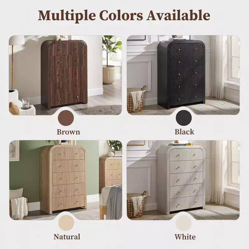 Commode moderne à 5 et 6 tiroirs cannelés, organisateur de rangement en bois à profil incurvé pour chambre à coucher, salon, couloir
