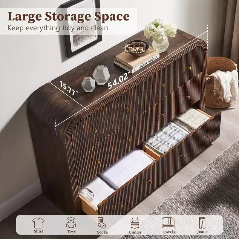 Commode moderne à 5 et 6 tiroirs cannelés, organisateur de rangement en bois à profil incurvé pour chambre à coucher, salon, couloir