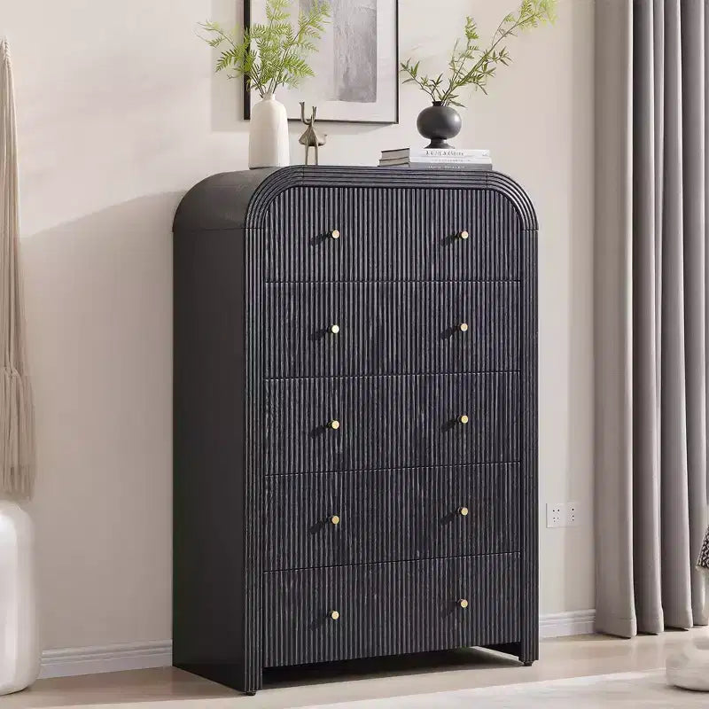 Commode moderne à 5 et 6 tiroirs cannelés, organisateur de rangement en bois à profil incurvé pour chambre à coucher, salon, couloir