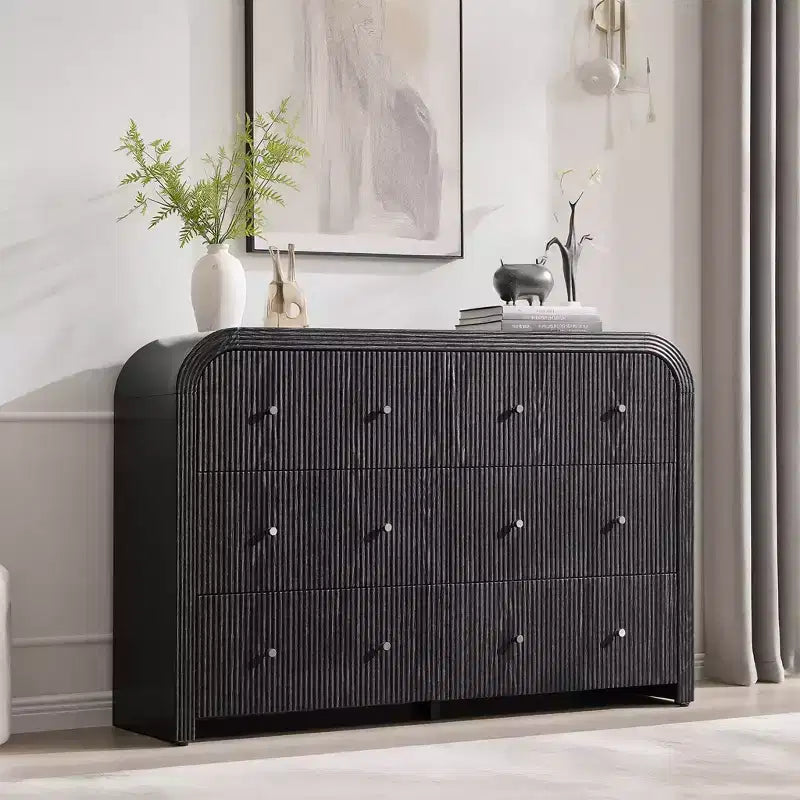 Commode moderne à 5 et 6 tiroirs cannelés, organisateur de rangement en bois à profil incurvé pour chambre à coucher, salon, couloir