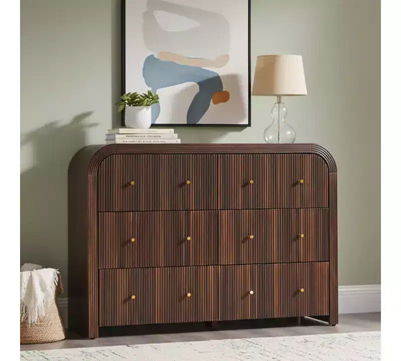 Commode moderne à 5 et 6 tiroirs cannelés, organisateur de rangement en bois à profil incurvé pour chambre à coucher, salon, couloir