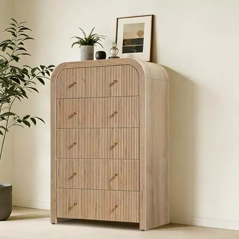 Commode moderne à 5 et 6 tiroirs cannelés, organisateur de rangement en bois à profil incurvé pour chambre à coucher, salon, couloir