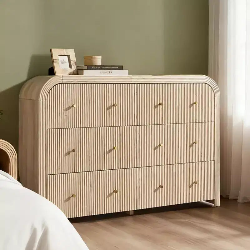Commode moderne à 5 et 6 tiroirs cannelés, organisateur de rangement en bois à profil incurvé pour chambre à coucher, salon, couloir