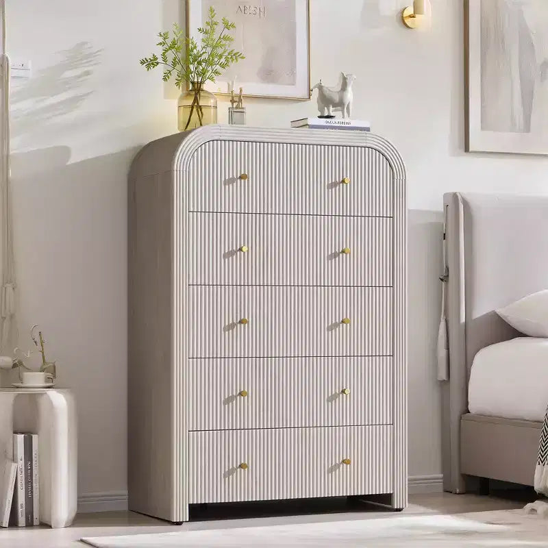 Commode moderne à 5 et 6 tiroirs cannelés, organisateur de rangement en bois à profil incurvé pour chambre à coucher, salon, couloir