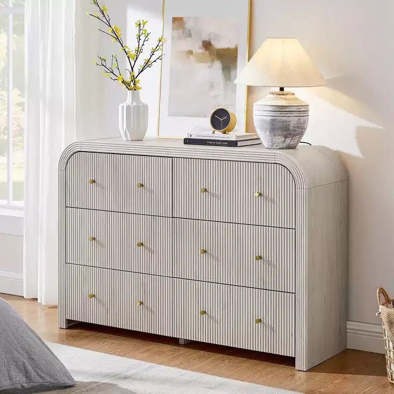 Commode moderne à 5 et 6 tiroirs cannelés, organisateur de rangement en bois à profil incurvé pour chambre à coucher, salon, couloir