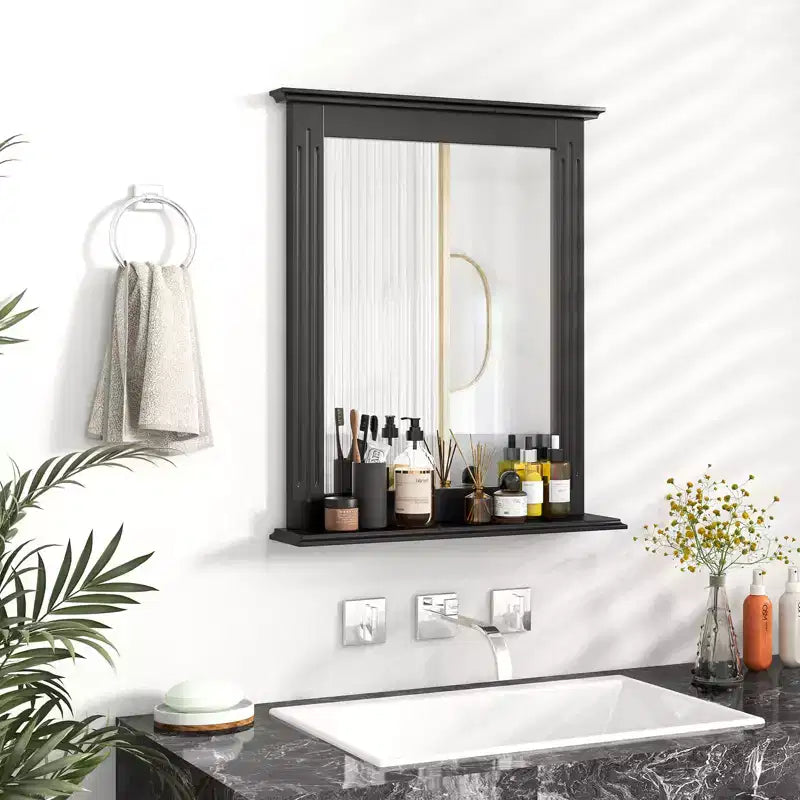 Miroir mural de salle de bain avec étagère, miroir rectangulaire au-dessus du lavabo, miroir de courtoisie à suspendre, miroir mural moderne et concis, noir