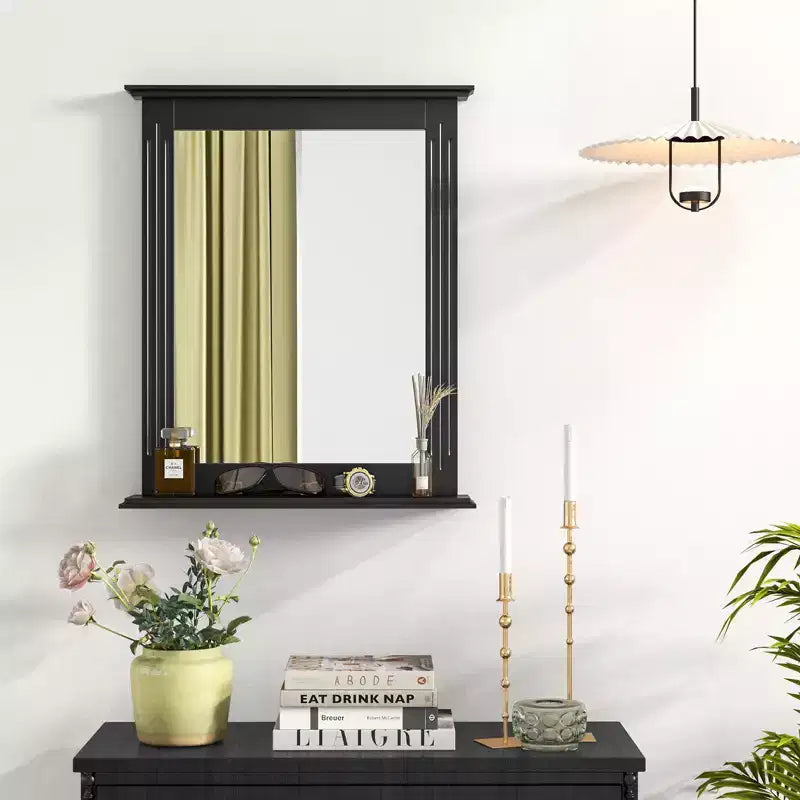 Miroir mural de salle de bain avec étagère, miroir rectangulaire au-dessus du lavabo, miroir de courtoisie à suspendre, miroir mural moderne et concis, noir