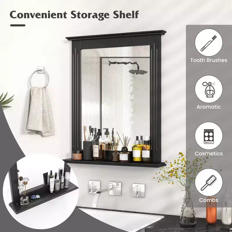 Miroir mural de salle de bain avec étagère, miroir rectangulaire au-dessus du lavabo, miroir de courtoisie à suspendre, miroir mural moderne et concis, noir
