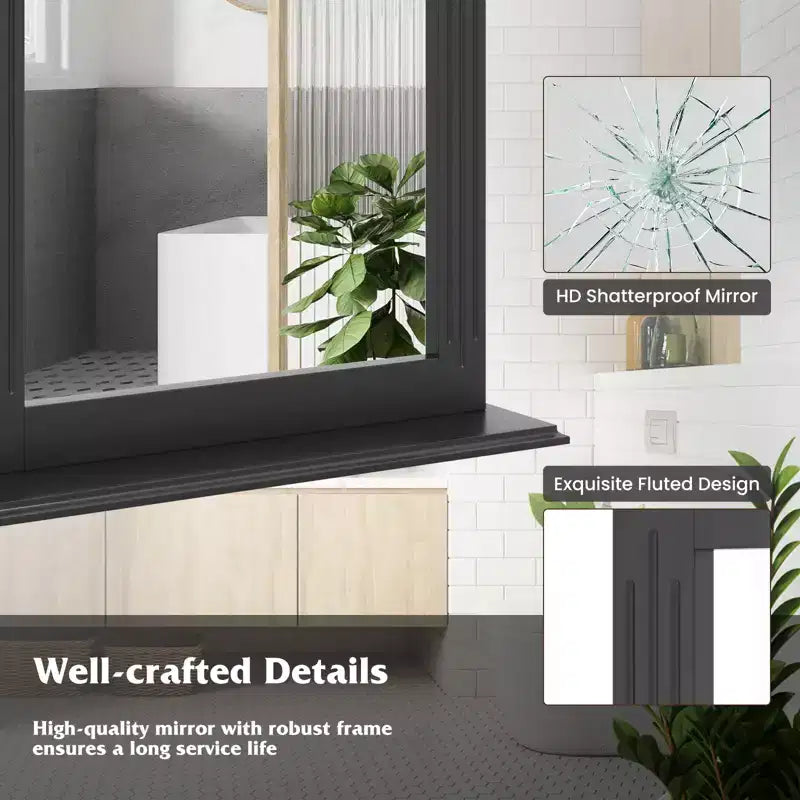 Miroir mural de salle de bain avec étagère, miroir rectangulaire au-dessus du lavabo, miroir de courtoisie à suspendre, miroir mural moderne et concis, noir