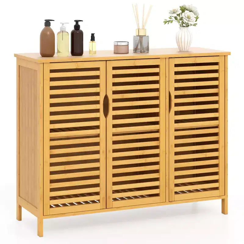 Costway Bamboo Bathroom Cabinet 3-Door Storage Organizer w/ Shelves Natural
