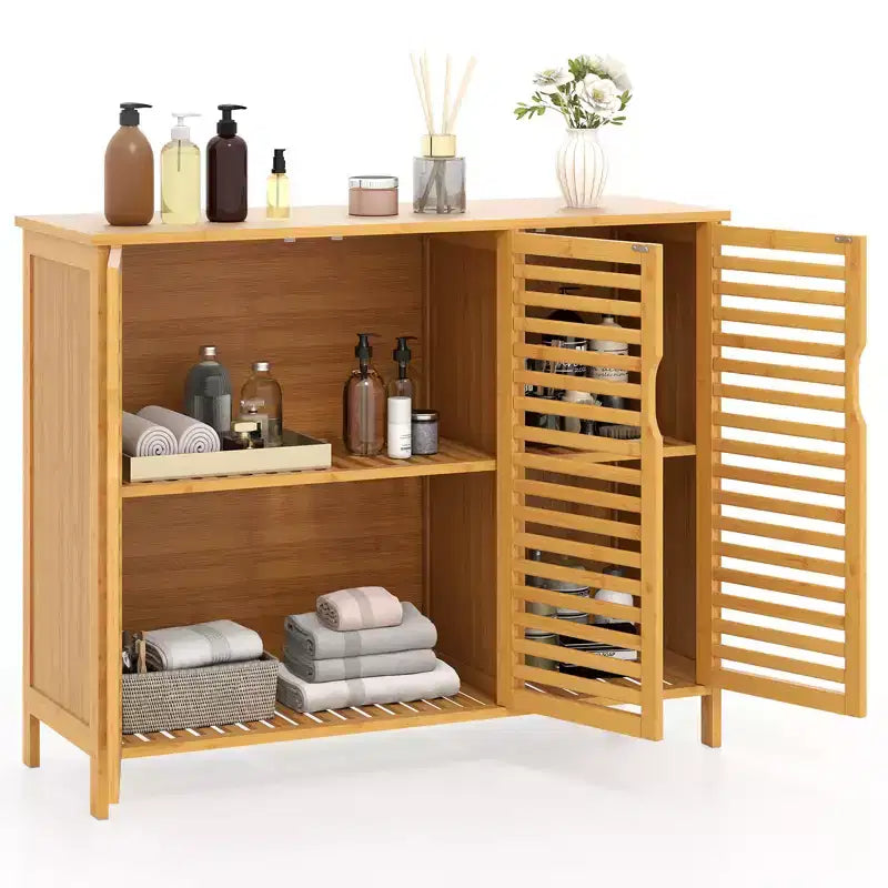 Meuble de Rangement de Salle de Bain en Bambou 3 Portes avec Étagères Naturel