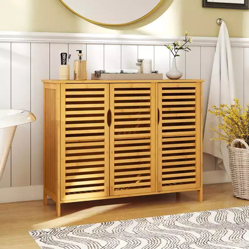 Meuble de Rangement de Salle de Bain en Bambou 3 Portes avec Étagères Naturel