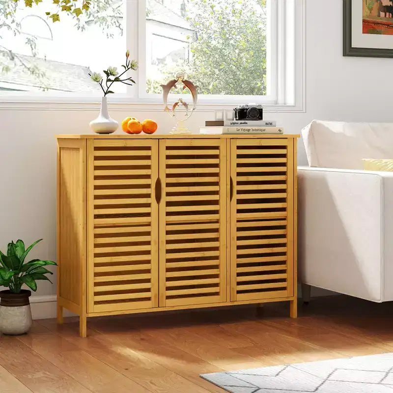 Meuble de Rangement de Salle de Bain en Bambou 3 Portes avec Étagères Naturel