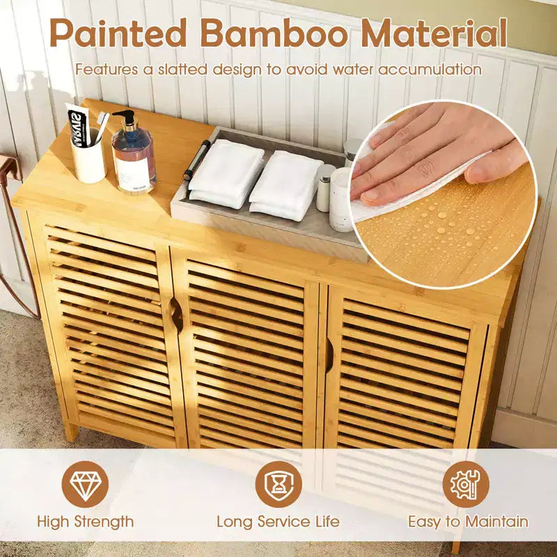 Meuble de Rangement de Salle de Bain en Bambou 3 Portes avec Étagères Naturel