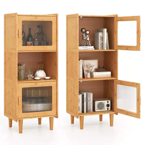 Costway 2PCS Bamboo Cabinet Narrow Kitchen Storage Cabinet w/ Open Compartment & Storage