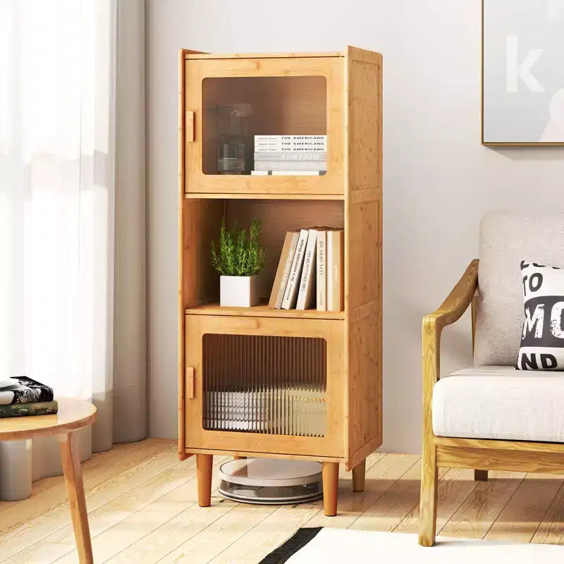 2 meubles de rangement de cuisine étroits en bambou avec compartiment ouvert et rangement