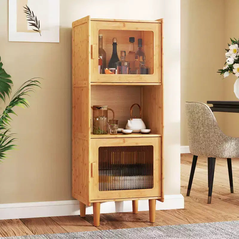 2 meubles de rangement de cuisine étroits en bambou avec compartiment ouvert et rangement
