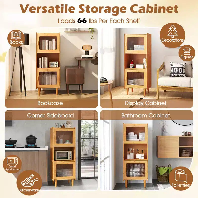 2 meubles de rangement de cuisine étroits en bambou avec compartiment ouvert et rangement