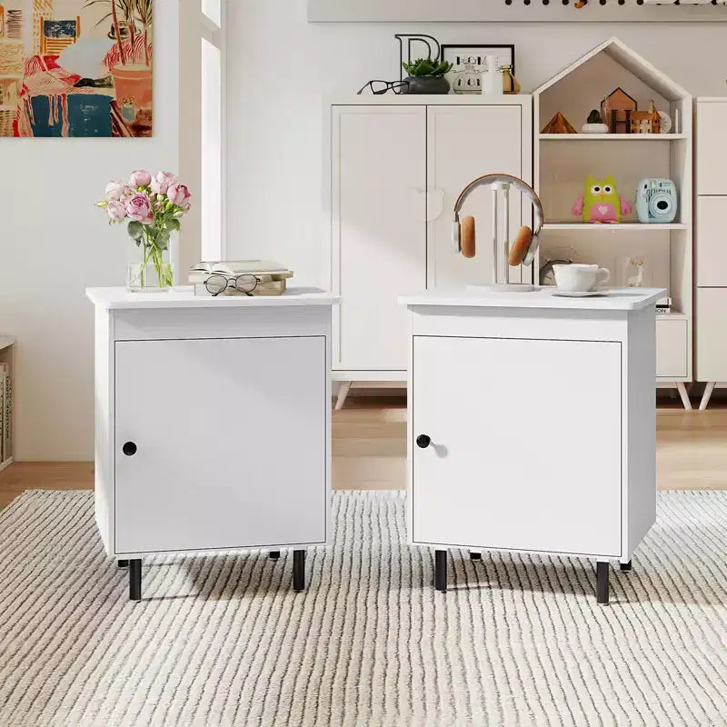 2 Tables de Chevet Mid-Century Modernes avec Porte et Pieds en Métal Robuste