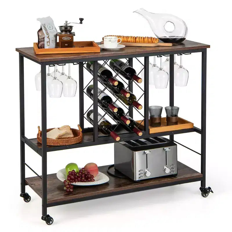Costway Industrial Liquor Bar Cart Rolling Kitchen Serving Cart w/ Rack Glass Holder